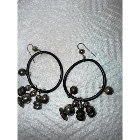 No Label Jewelry - Black Hoop Dangle Earrings Hematite Look Bead Charm Statement Earrings